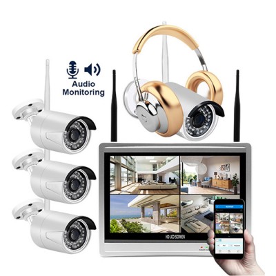 4CH 720p 1mp HD Audio Monitoring Waterproof Network Camera NVR Kit Set Suit with 12inch screen