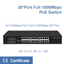 26 Ports Full Gigabit 10/100/1000Mbps CE Certificate PoE Ethernet Network Switch with fiber media converter